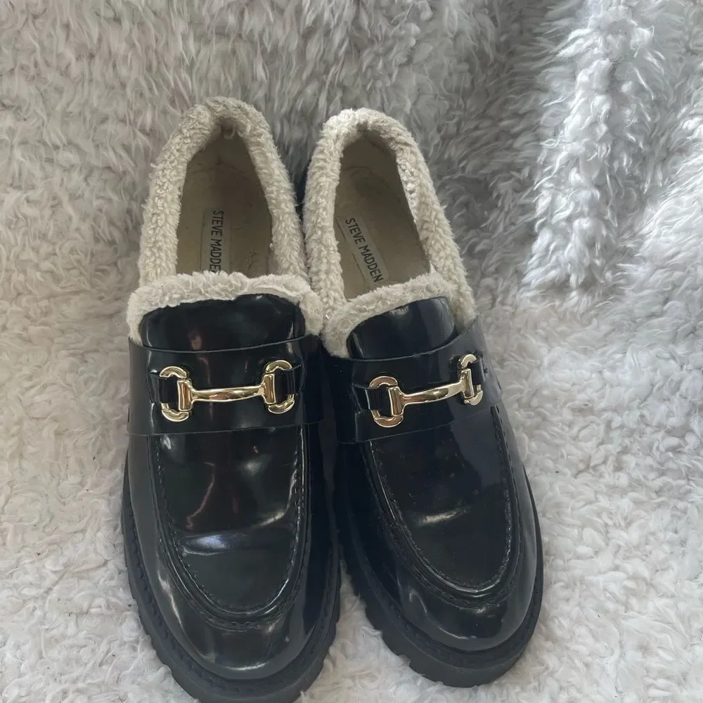 Steve Madden synthetic black Patent Chunky lug loafers bit buckle accent SZ11M